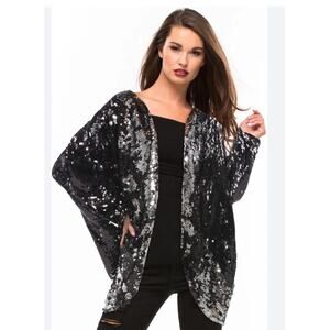 MINKPINK Great Escape Sequin Cape Jacket Two Way Silver Black Oversized Sz XS/S